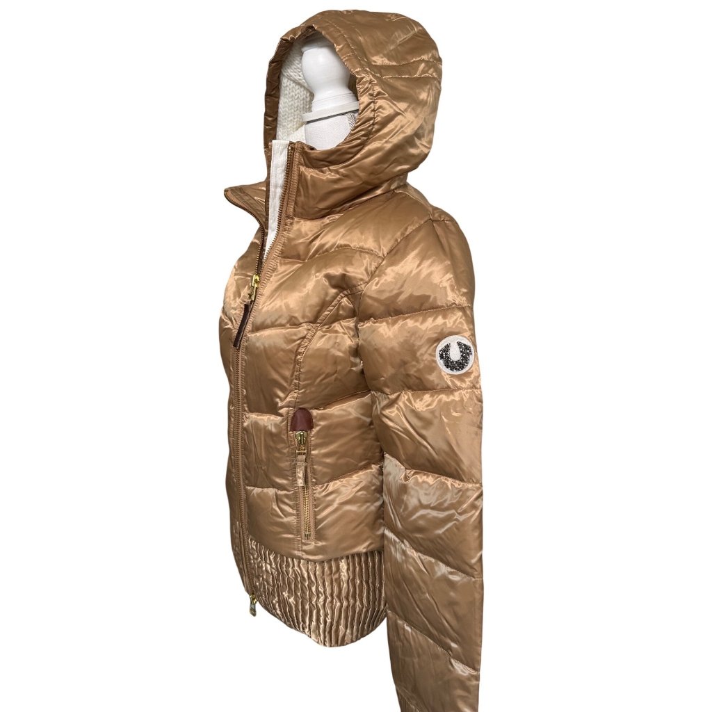 Quilted Gold Puff Jacket W/Hood Womens L True Religion Down & Feather Fill